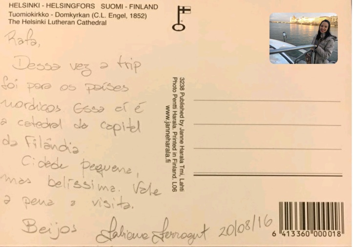 Cartão postal de Fabi Ferragut de sua viagem a Helsinki na Finlândia! AGO/2016
