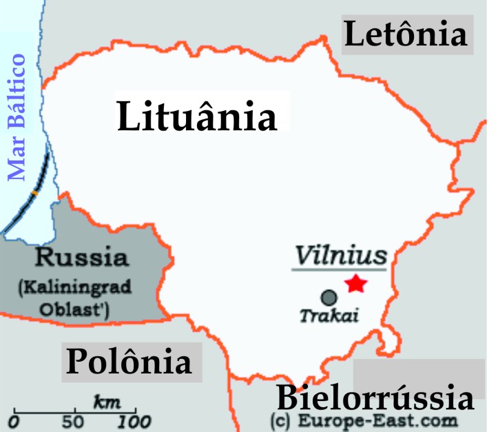 Mapa da Lituânia mostrando as cidades que visitei: Vilnius e Trakai