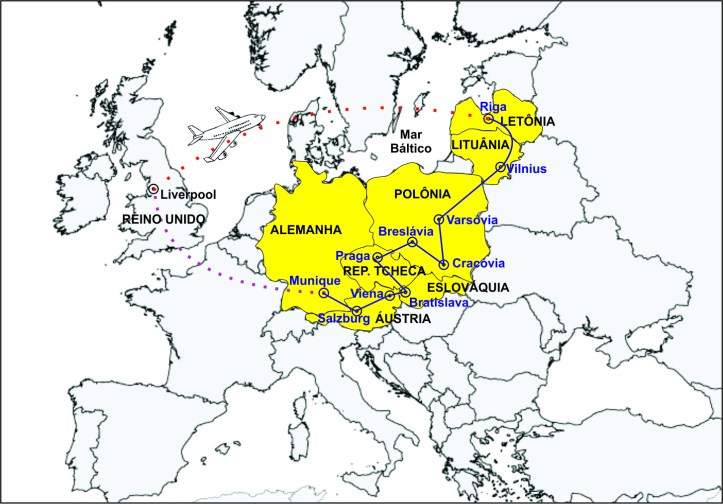 Mapa com o roteiro da viagem