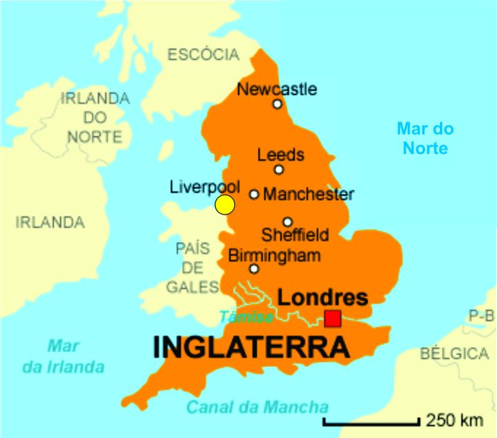 Mapa da Inglaterra indicando a localização de Liverpool