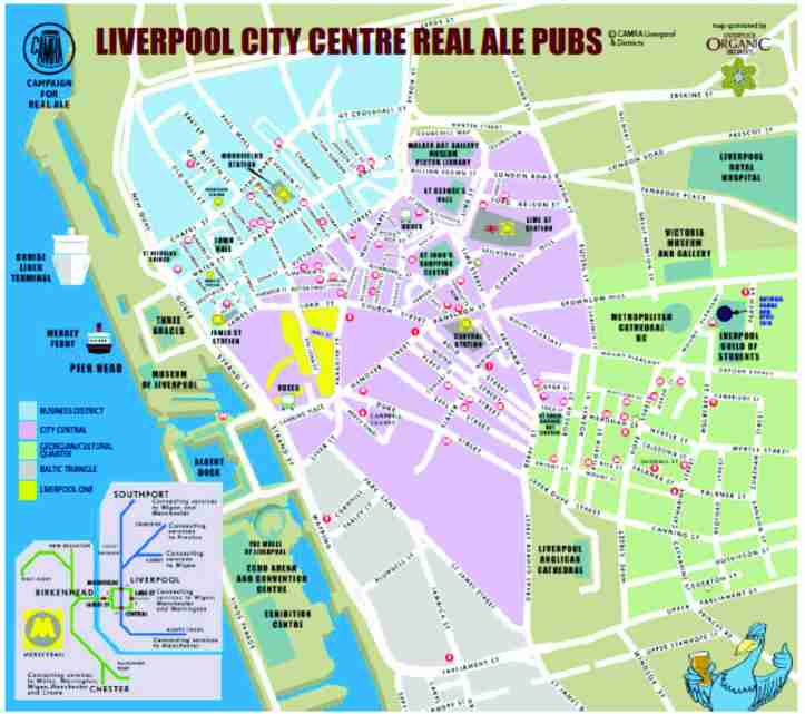 Mapa com a localização de pubs no Centro de Liverpool