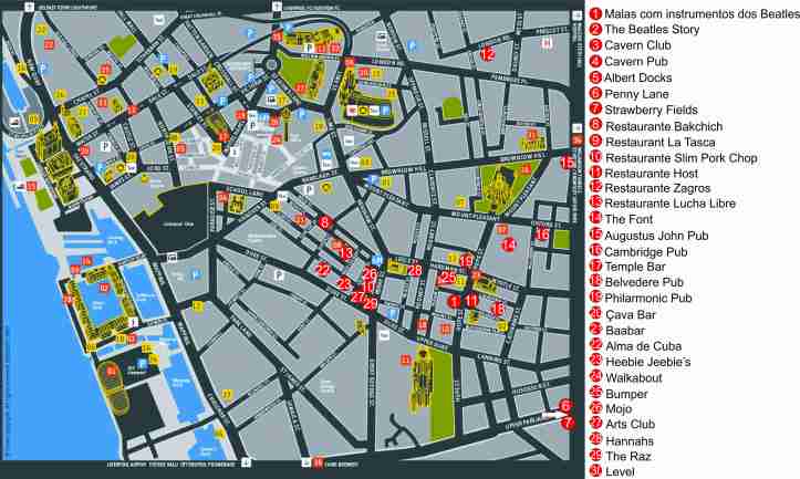 mapa Liverpool com restaurantes e bares