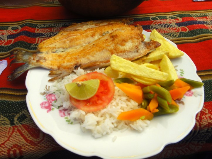 Truta frita com arroz e salada